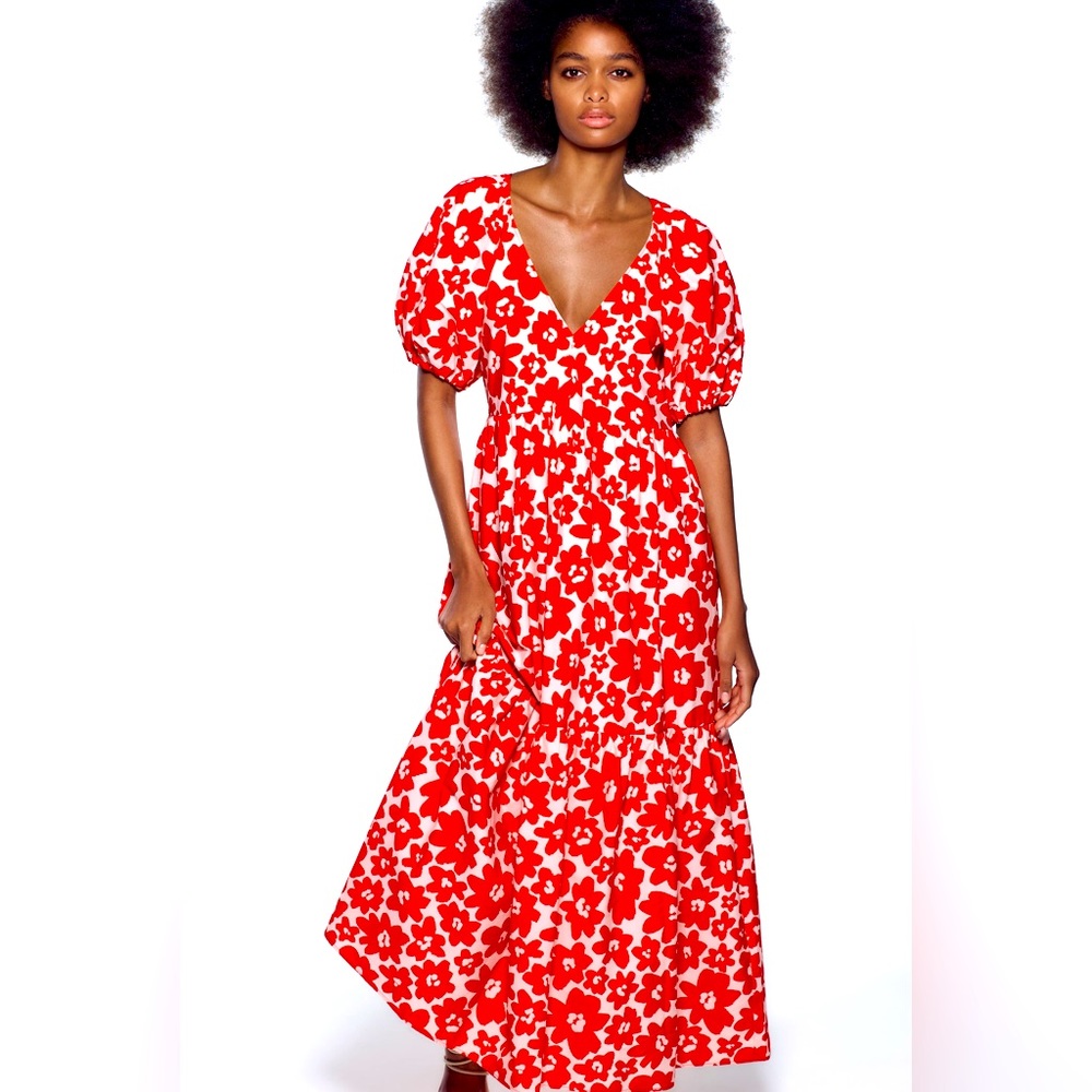 ZARA NEW PRINTED POPLIN DRESS WHITE/RED XS